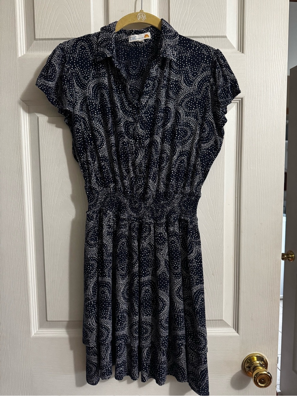 C&C California Navy and White Printed Cap-Sleeve Mini Dress